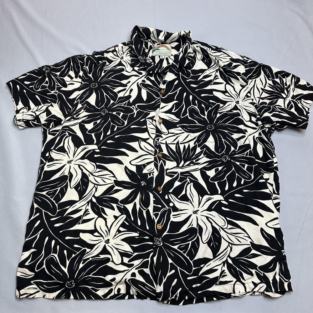 Paradise Found Shirt Mens XL Black White Floral Hawaiian Rayon Aloha Camp
